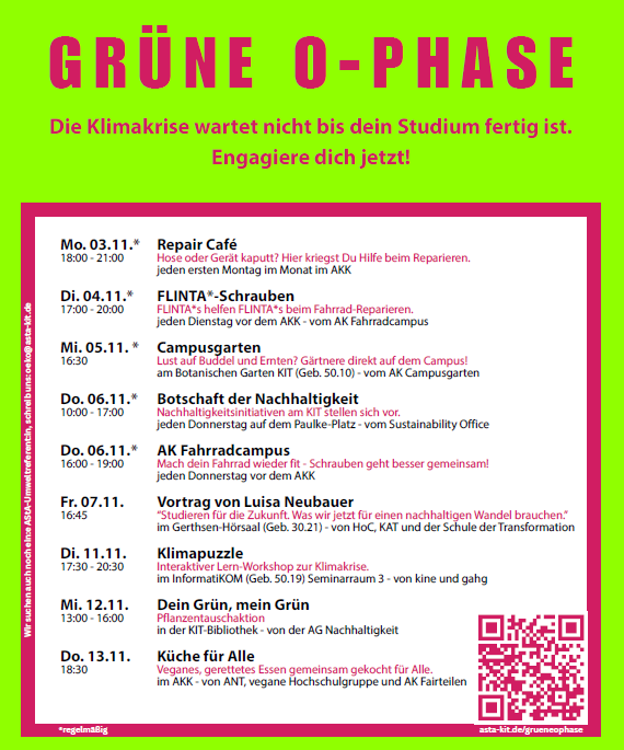 Plakat der Grünen O-Phase mit Terminen zu Repair Café, Nachhaltigkeit und Vorträgen am KIT.
