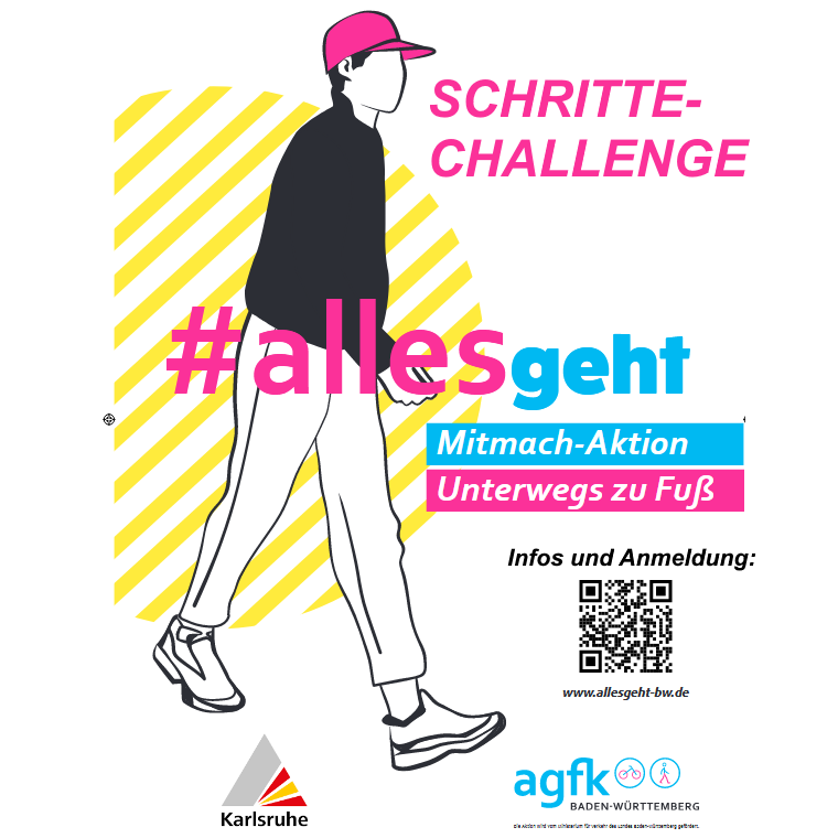 Agfk Illustration eines Fußgängers mit Text zur Schritte-Challenge #allesgeht, Mitmach-Aktion in Karlsruhe.